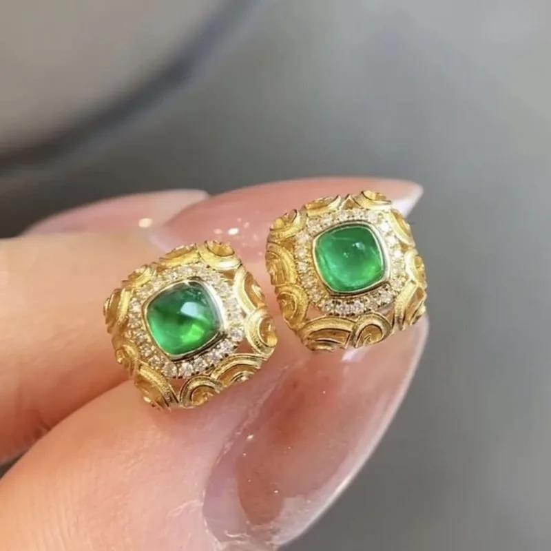 Exquisite Vintage Hand Carved Stud Earrings for Women's Elegant Green Square Chalcedony Ear Stud  Perfect Christmas Gifts