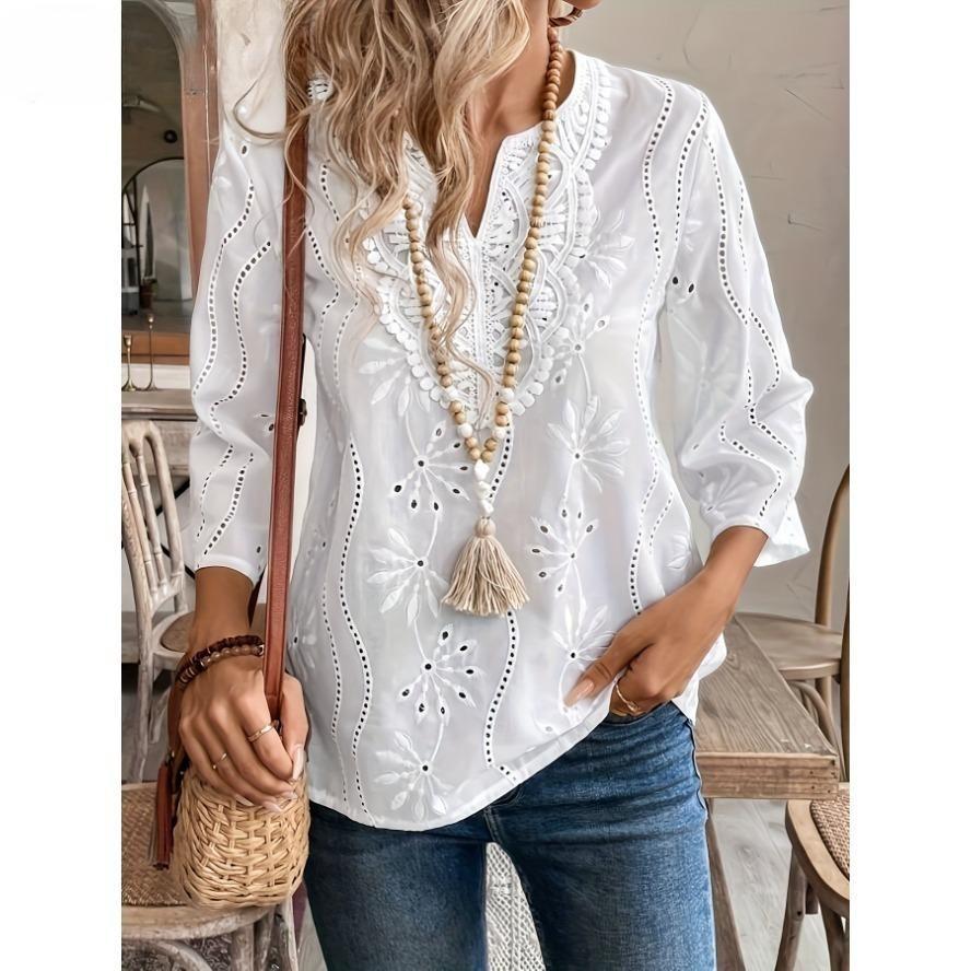 Damenmode Casual Sommer Frühling Einfarbig Druck 3/4 Ärmel V-Ausschnitt Blusen & Hemden