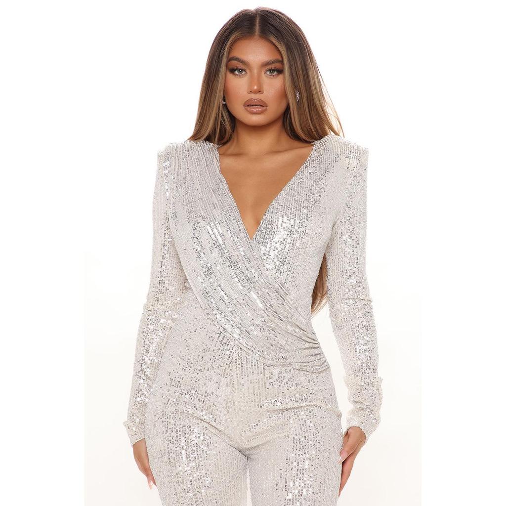 Jesień 1153: Europejski & Amerykański Kombinezon z cekinami i głębokim dekoltem V dla Kobiet