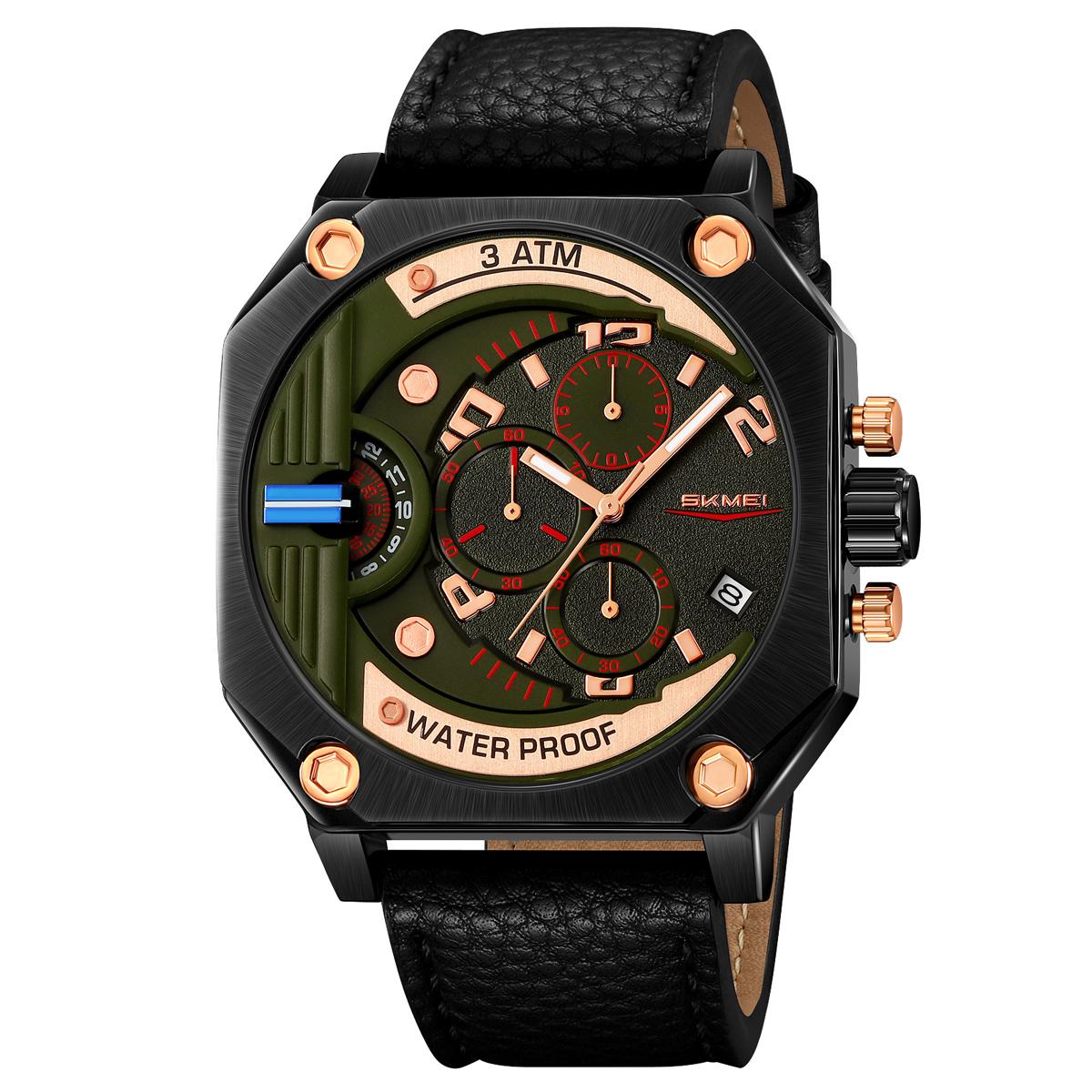 

Мужские повседневные часы-хронограф с кожаным ремешком, водонепроницаемые, с календарем, мужские часы, модные квадратные кварцевые Relogio Masculino зелёный/чёрный