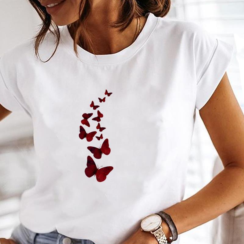 (European Size) Women Tee Top Cute Butterfly Clothing Fashion T-shirt Casual Short Sleeve Print Lady Female Graphic T-shirt