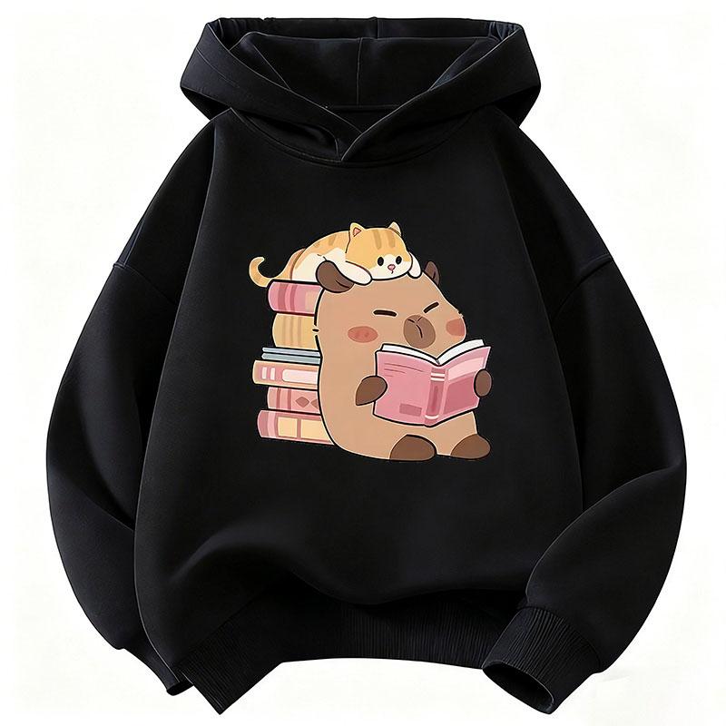 Felpa Carina con Gatto e Capibara che Leggono Libro con Cappuccio Felpa per Bambini con Cappuccio per Ragazzi Ragazze Primavera Felpa Casual