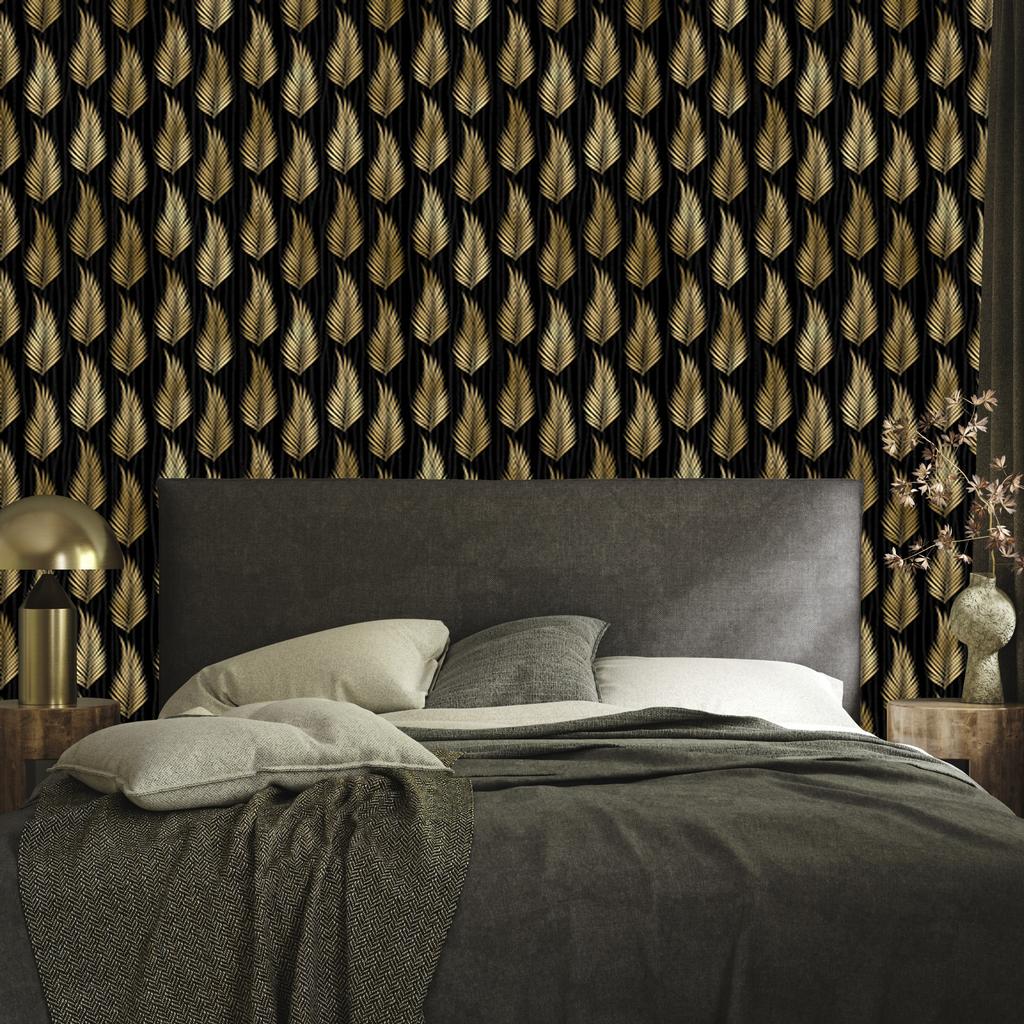Black and Gold Tropical Pattern Wallpaper, Ochre and Black, 50x1000