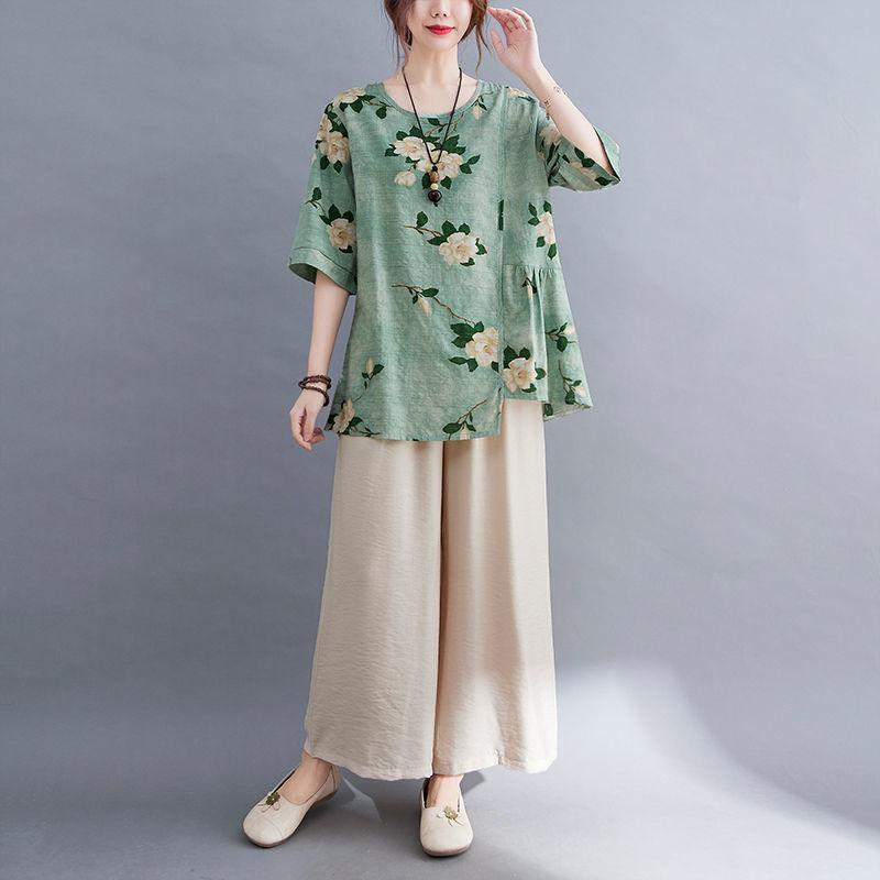 Móda pro matky středního věku Letní bavlněný a lněný oblek Letní luxusní nadměrná velikost Dvoudílný set s krátkým rukávem Tričko s krátkým rukávem + Kalhoty se širokými nohavicemi