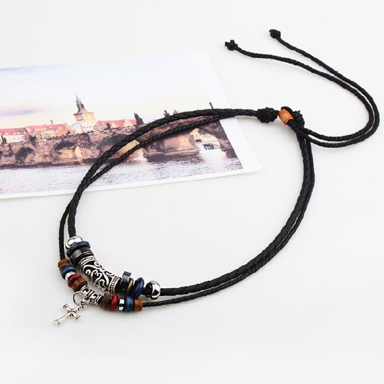 Ethnic Jewelry Leather Tribal Necklace with Crucifix Pendant for Women Men Gift