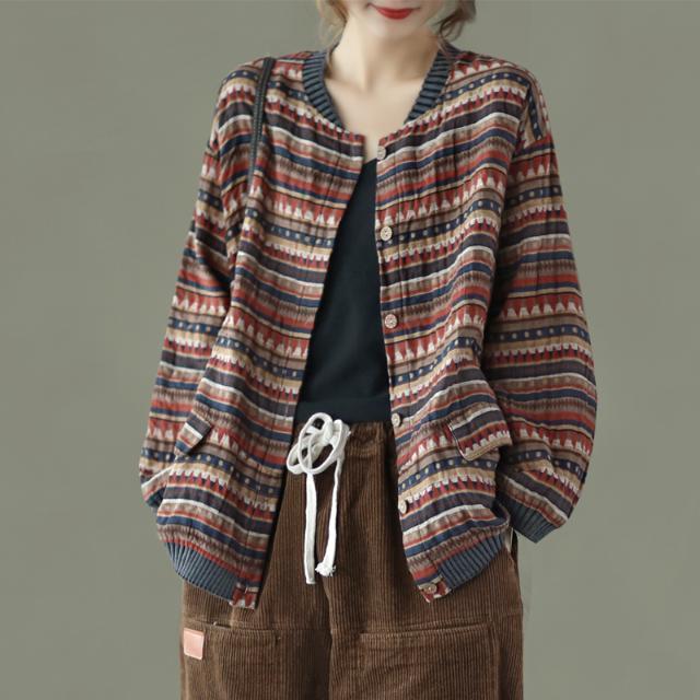 Women's Spring & Autumn Literary Retro Floral Long Sleeve Short Casual Loose Slimming Light Jacket Outerwear Top