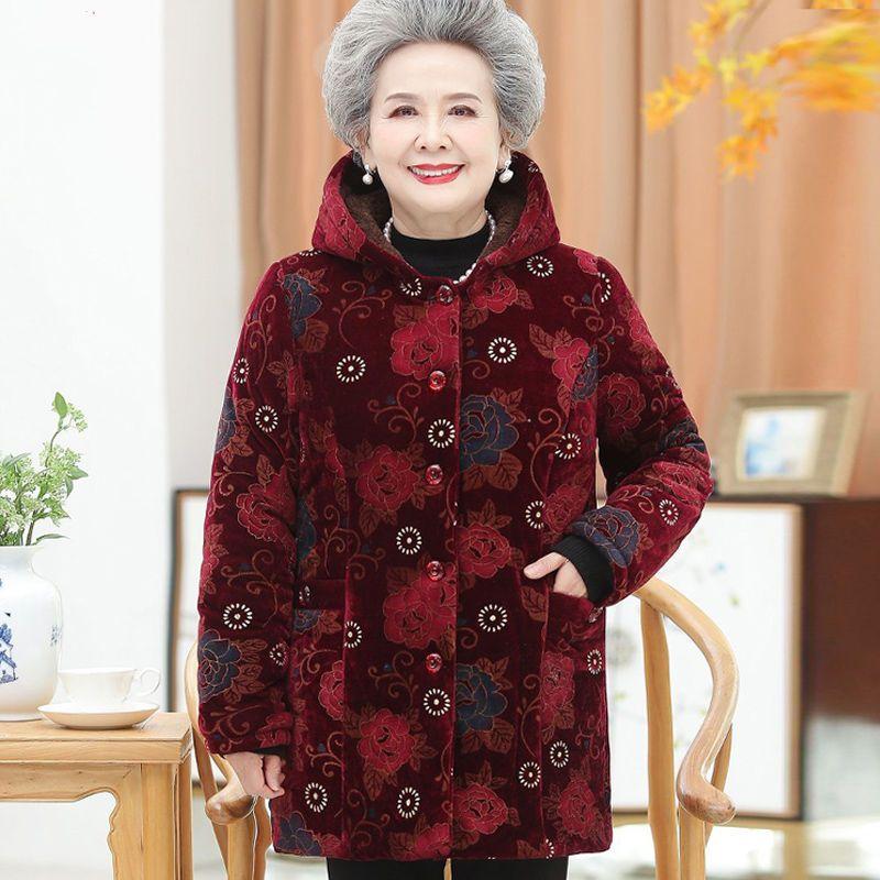 Winterjacke für ältere Damen, 5XL, warme Oberbekleidung für ältere Menschen, dicke warme Parkas mit Samtkapuze, Oma-Parka