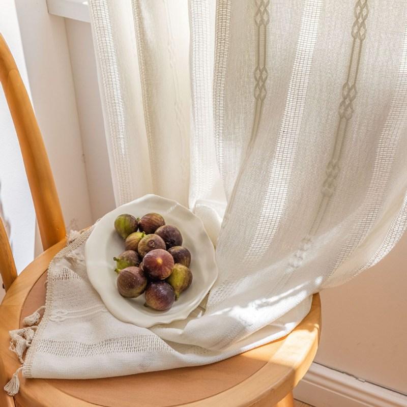 

American Style Green Plain Striped Embroidered with Tassel Curtains Semi-shading Hollowed Out Kitchen Living Room Window Valance W140 x H45cm&Threading Rod