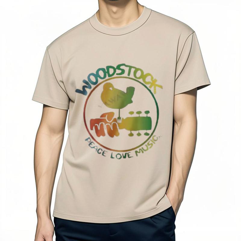 GUOYAN TOP Authentiek Woodstock 3 Dagen Vrede Muziek Kleurrijk Logo Gitaar Vogel T-shirt Top Heren Merk T-shirt Mannen Zomer Katoenen T-shirt L