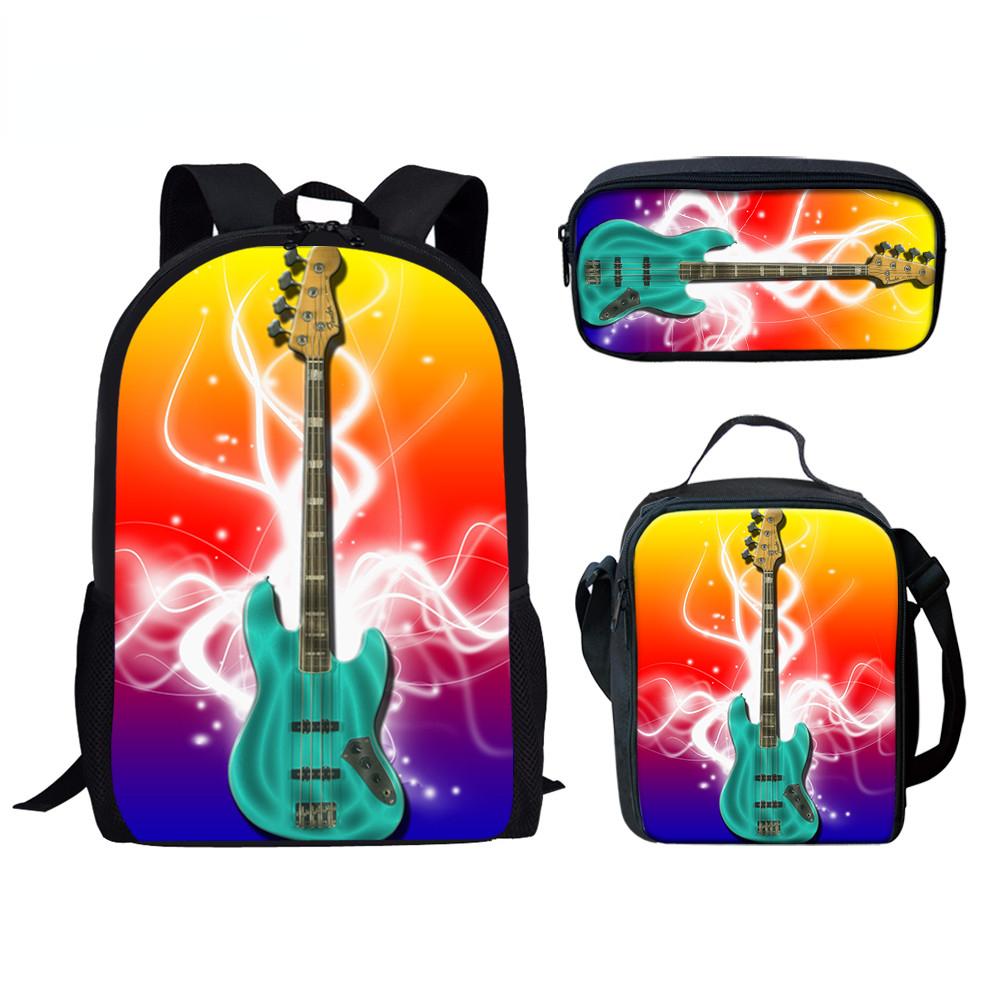Zaino Scuola per Bambini Zaino per Laptop Zaino Giornaliero Borsa Pranzo Astuccio Musica Chitarra Stampa 3D Novità Divertente Cool di Lusso 3pz/Set