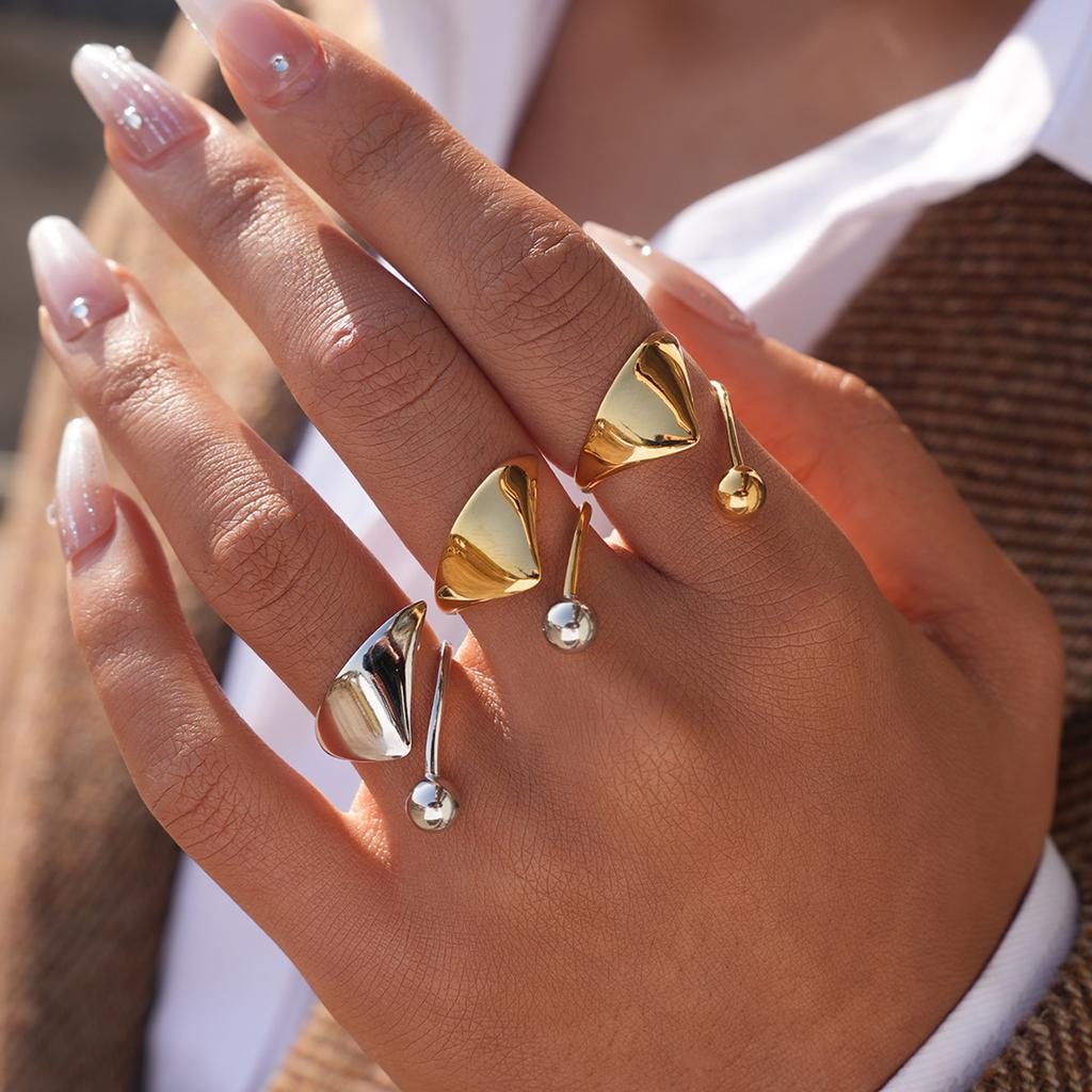 Minimalist Designer 18K Gold Color Plated Geometric Pattern Asymmetric Rings Waterproof Stainless Steel Zircon For Women