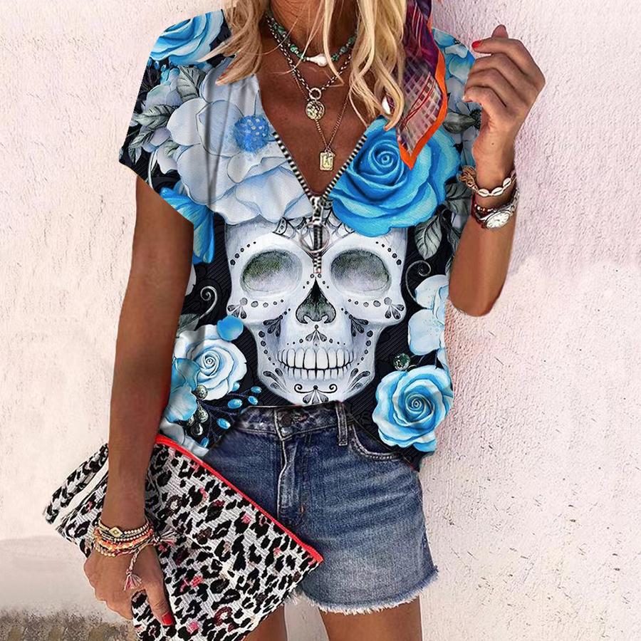 Γυναικείο Καλοκαίρι Νέο Μόδα Τριαντάφυλλο Κρανίο και τριαντάφυλλα εμπριμέ με φερμουάρ με λαιμόκοψη V με κοντό μανίκι