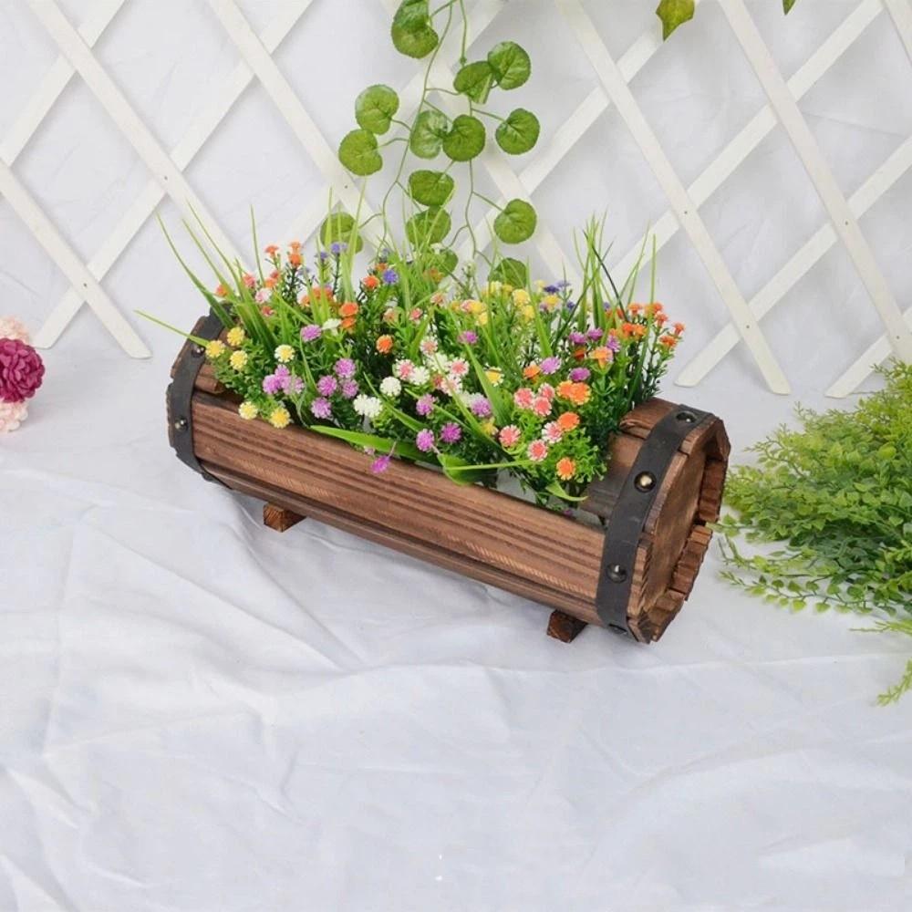 Durable Wooden Barrel Planter Box Rustic Flower Boxes Half Barrel Planter Balcony Planting