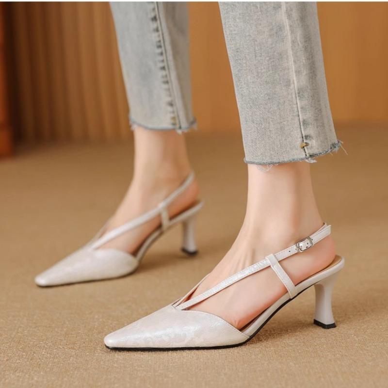 Pointed High Heels Women's Summer Baotou Shallow Mouth Set Foot Fabric Metal Buckle A Word Belt Wear-resistant High Heels