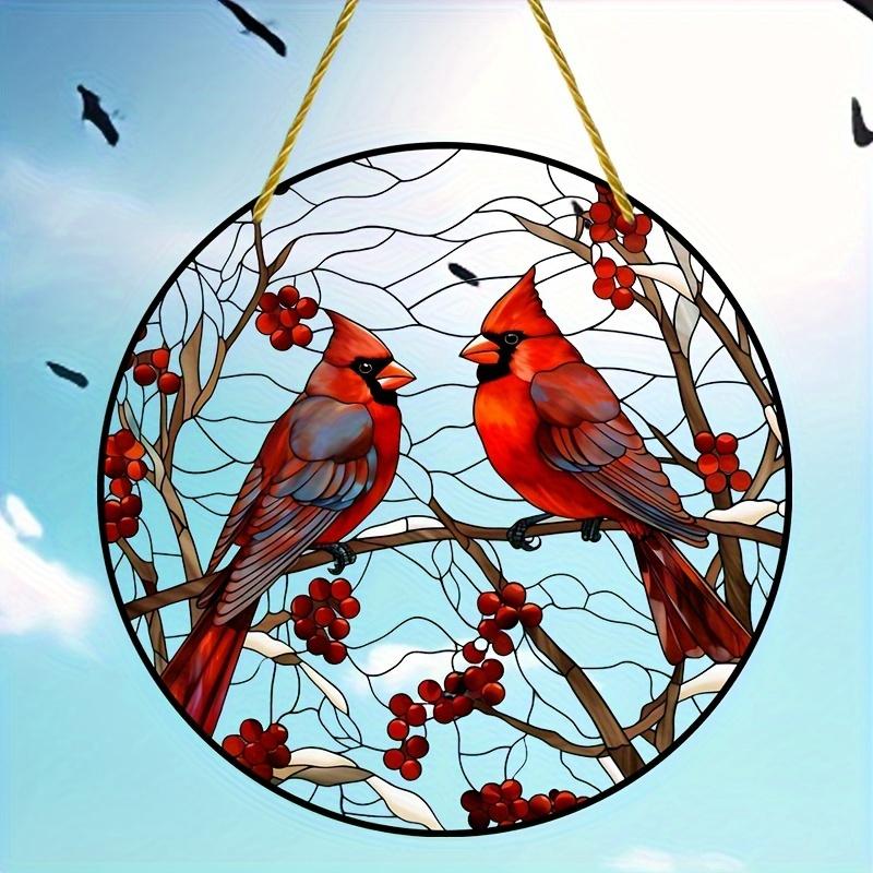 2D Flat Charming Style Round Acrylic Cardinal Bird Decoration Sign, Home Decor Plaque Hanging Wall Art Decorative Garden Decoration for Room Door Sign