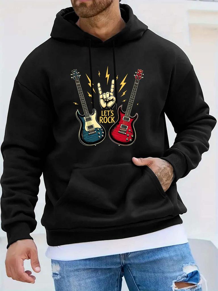 unisex Rock Graphic Hooded Sweatshirt with Electric Guitar Print - Hardcore Music Streetwear Hoodie, Long Sleeve Casual Pullover Suitable for Concerts