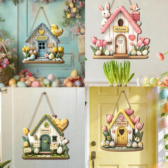Yousheng Easter Wooden Hanging Sign, House Shape Tulip Flower Welcome Door Sign for Spring, Holiday, Indoor, Outdoor, Home, Porch, Front Door