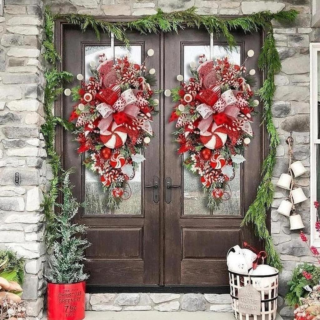 2025 Christmas Door Wreath Red And Candy Cane Teardrop Ornaments With Balls For Home Outdoor Decoration Christmas Flower