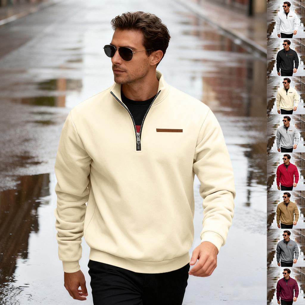 Men's Casual Loose Solid Color Outdoor Fleece Half Zip Stand Up Collar Pullover Hoodie