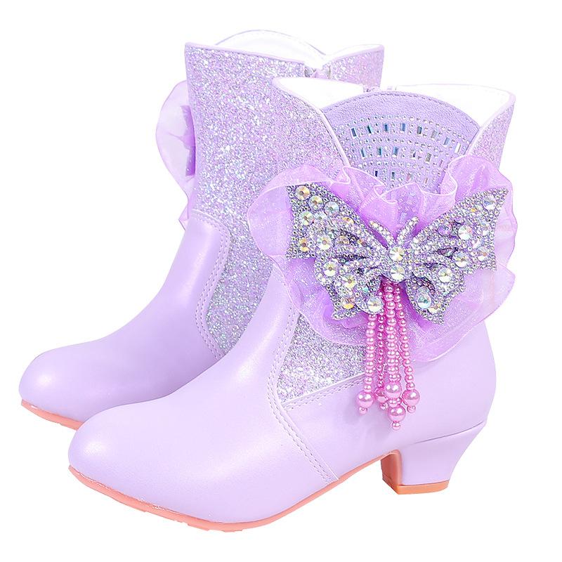 Girls Princess Boots High Heel Bowknot Plush Warm Children's Mid-calf Boots