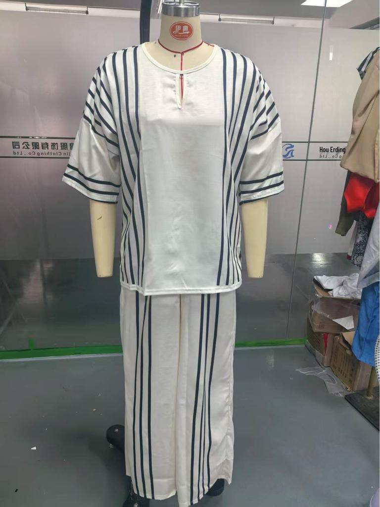 European & American Style Women's 2-Piece Set: Striped Short Sleeve Linen Cotton Top with Round Neck & Casual Pants, 2025