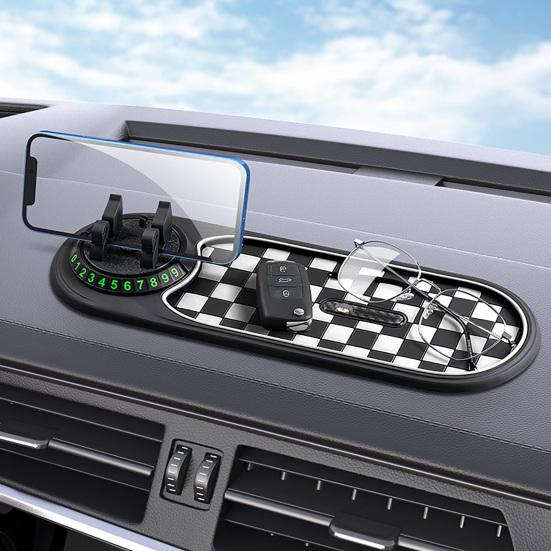 Dashboard Anti Slip Mat with Phone Holder 360-Degree Rotation Dashboard Mount Built-in Parking Number Plate Secure Phone Holder for Driving