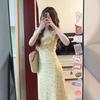 French Retro Floral Dress Medium and Long Temperament Holiday Square Neck Lotus Leaf Skirt Summer New Long Dress