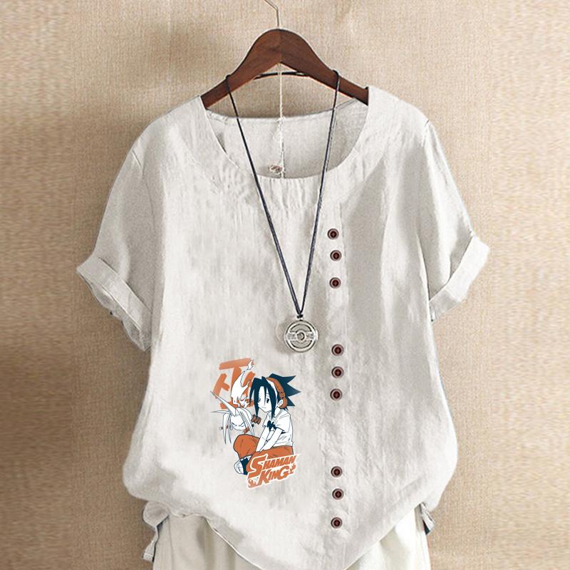Women's Fashion Cartoon Characters Print Short Sleeve T-shirt Loose Cotton Shirt Casual Loose Summer Blouse Tops