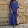 Women V Neck Linen Maxi Kaftan Dress 3/4 Roll Sleeve Loose Oversized Solid Color Casual Beach Vacation Long Tunic Dress