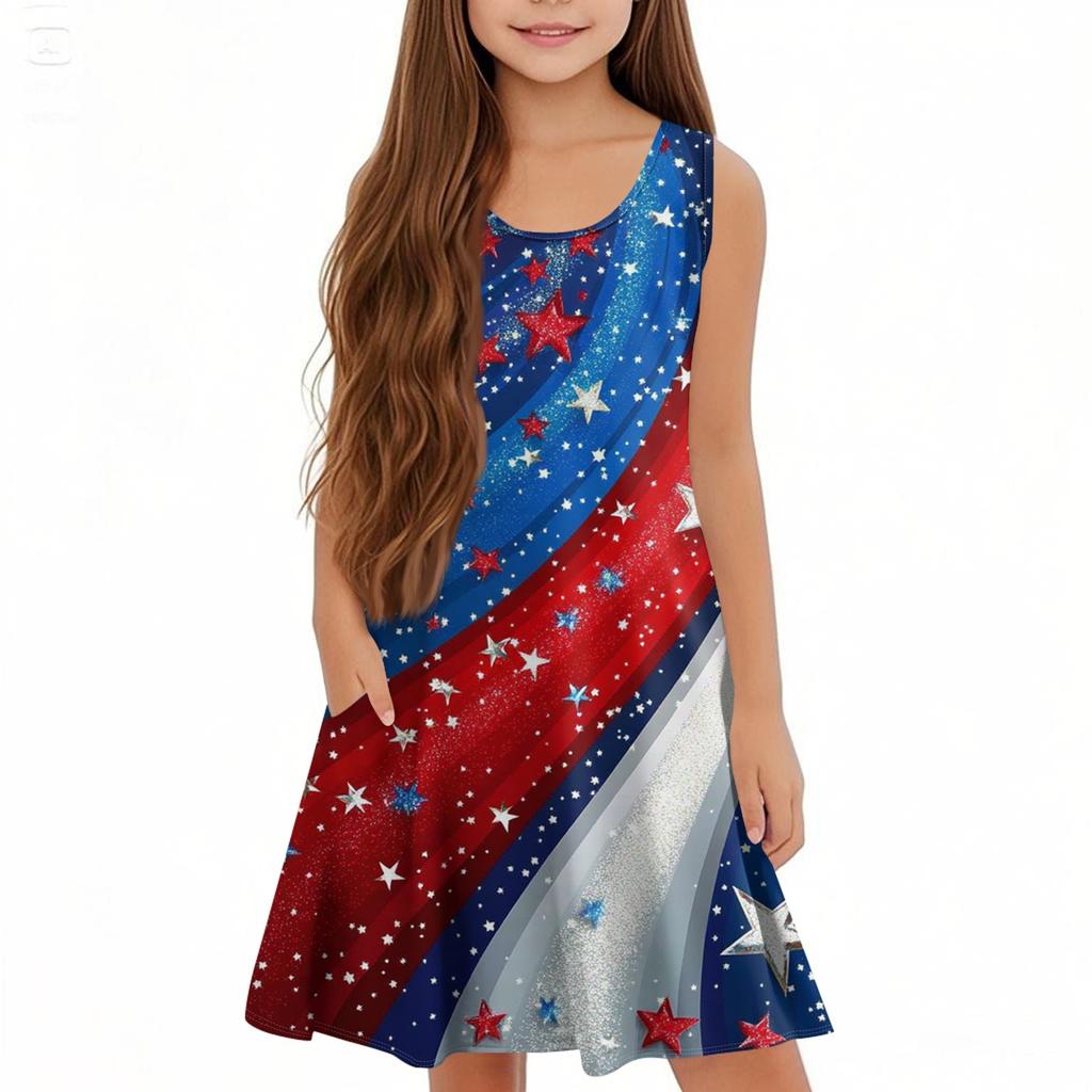 Children's Sleeveless U-neck Summer A-line Casual Independence Day Dress