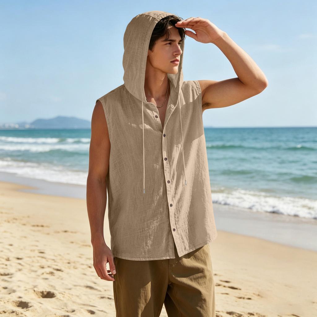 Mens Sleeveless Linen Hooded Shirt Button Down Breathable Relaxed Fit Casual Vest Top Lightweight Summer Apparel