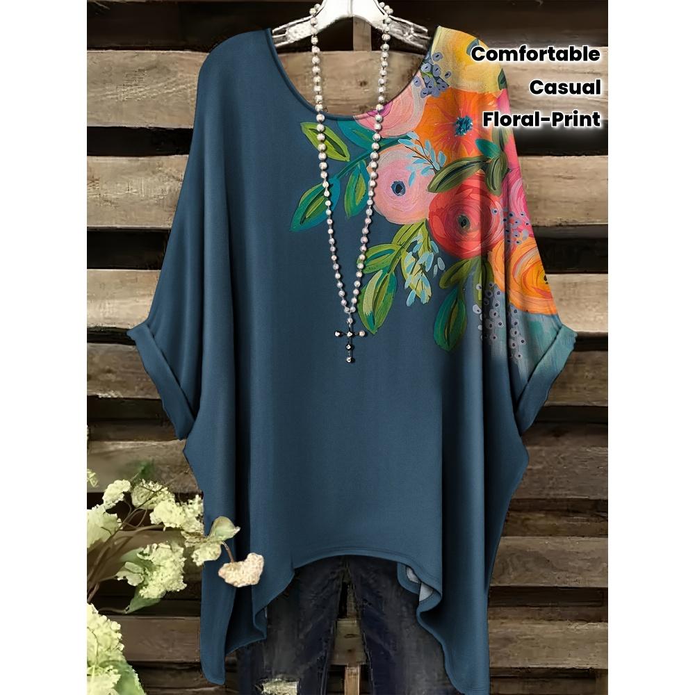 Bohemian Top for Women Elegant Colour Floral Graphics Design Round Neck Irregular Hem Women Casual Fashion Women Vacation Tops