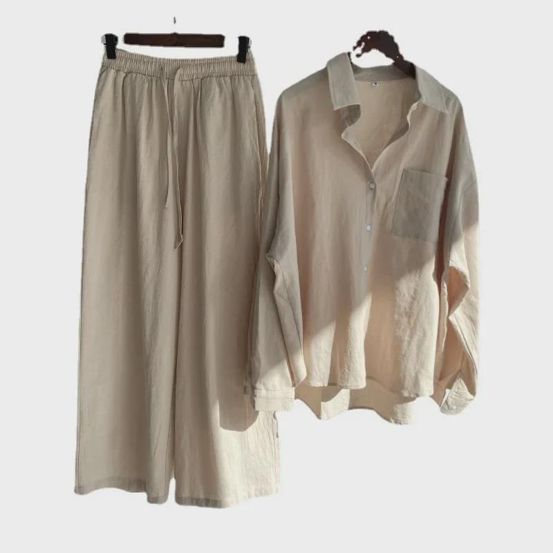 2023 Spring/Summer Large Size Cotton Linen Retro Women's Two-piece Loose Trousers and Shirt Set