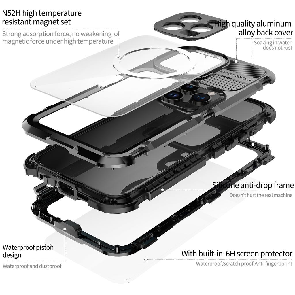Military Grade DropProof IP68 WaterProof Silicone Aluminum Metal Case For iPhone 16 15 14 Pro Max Plus Swim Diving Climb