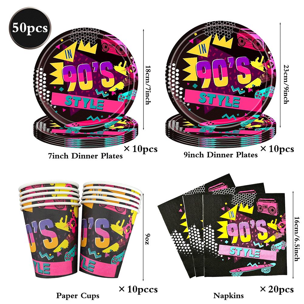 Vintage 90s Party Supplies Tableware Plates Cups Banner Balloons Adult Throwback Neon 1990s Theme Birthday Hip Hop Decorations