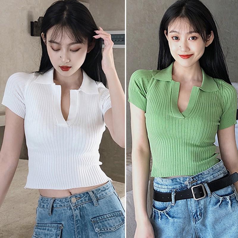 Women's t-Shirt Solid Color Turn-Down Collar Retro Fashion Top Short Casual Short-Sleeved Knitted Tshirt