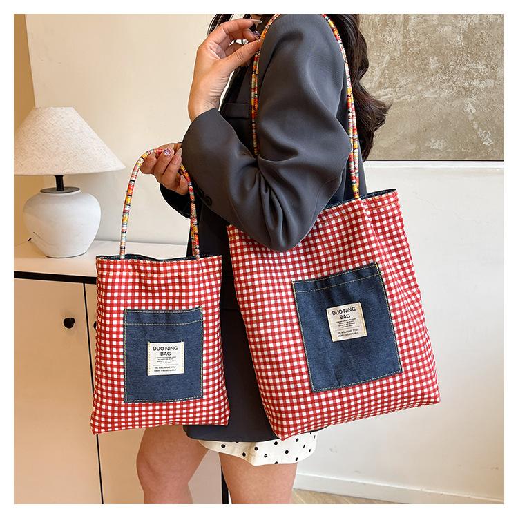 American Style Gingham Checkered Tote Bag Large Capacity Polyester Shoulder Handbag CLE