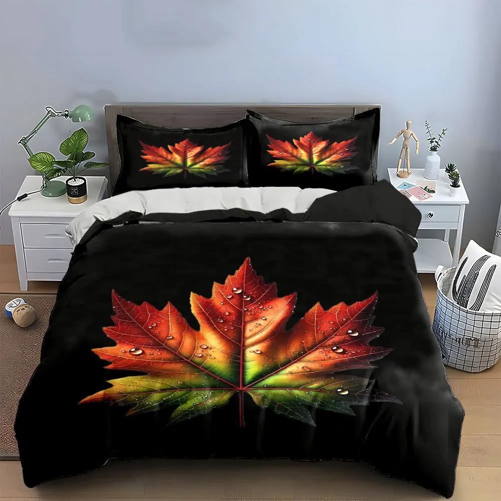 Colorful Leaf Decor Set Bedding Set with 1 Duvet Cover 2 Pillowcases Single Double King Queen Gift