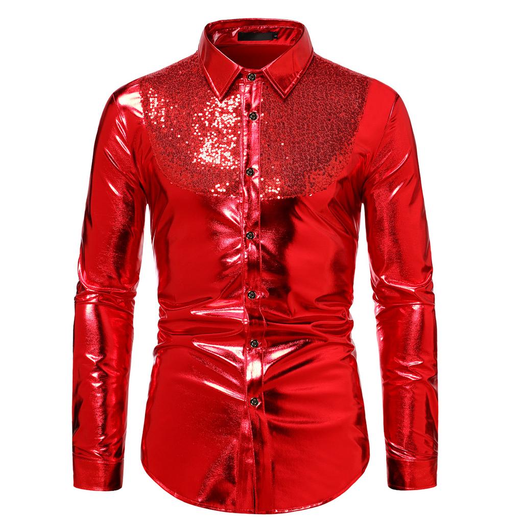 Mens Sequin Long Sleeve Shirt Party Nightclub Dance T-Shirt Shiny Button Tops