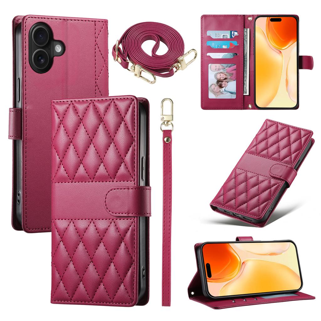 For iPhone 17 Case Rhombus Stitching Wallet Stand Leather Phone Cover with Long/Short Strap
