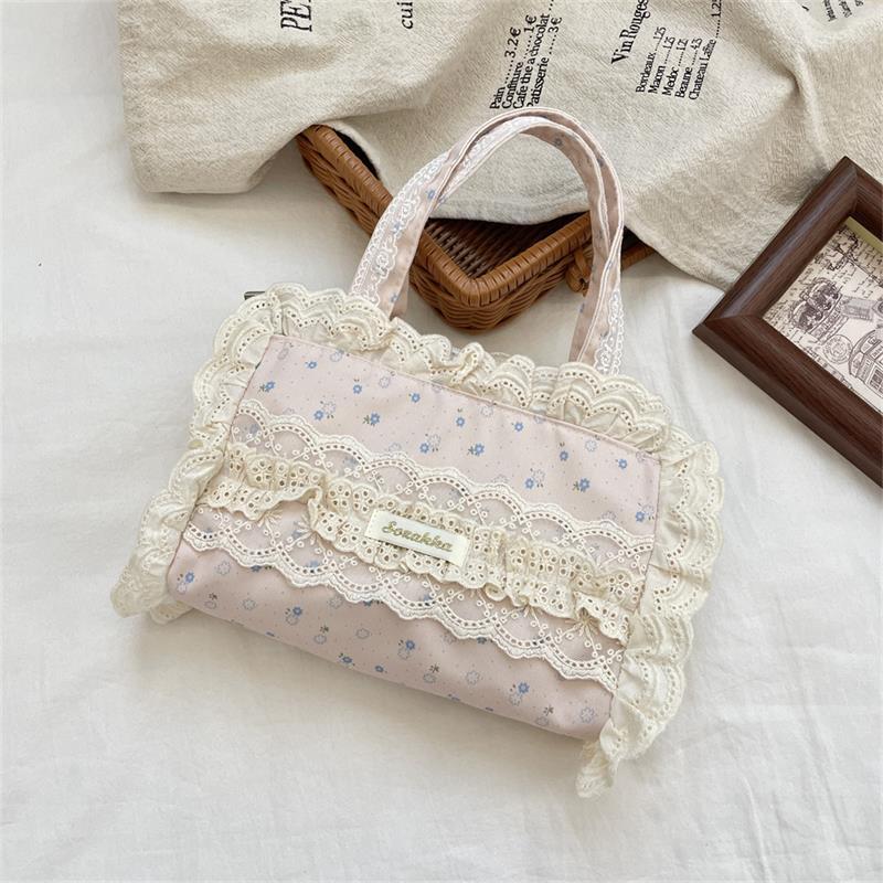 Cute Sweet Lace Floral Handbag Large Capacity Casual Commuting Tote Bag Portable Storage Bag Girl Heart Clutch Cosmetic Bag Gift