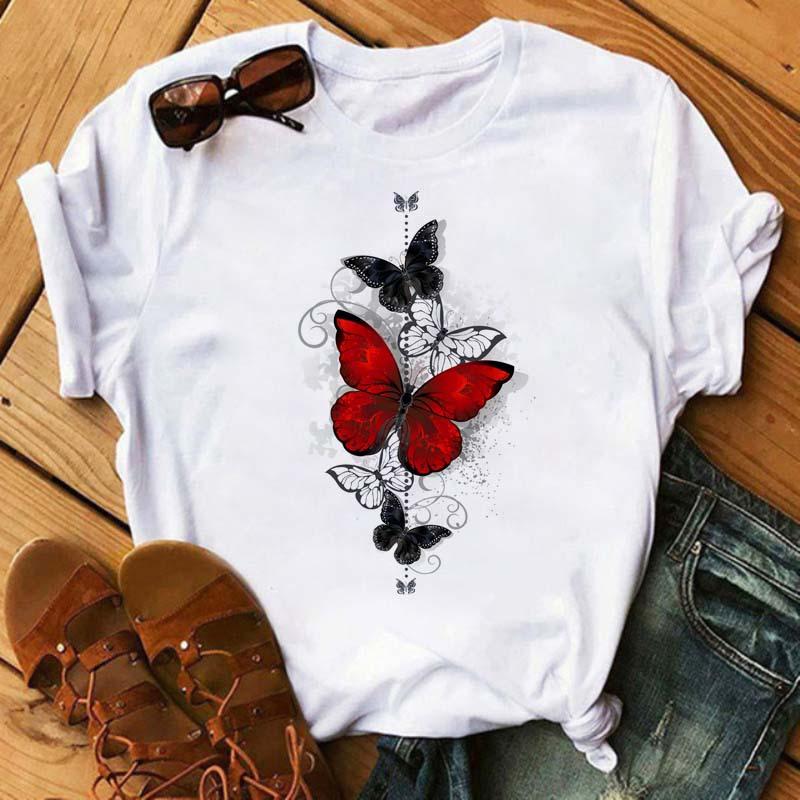 Summer Butterfly Print Plus Size Loose Round Neck Pure Cotton Short Sleeved Top T-Shirts Women’s Tees