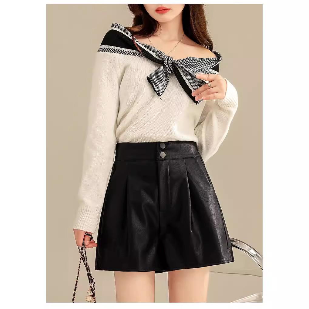 

Women s High-Waist Black PU Leather A-Line Shorts - 2024 Autumn Fashion XL