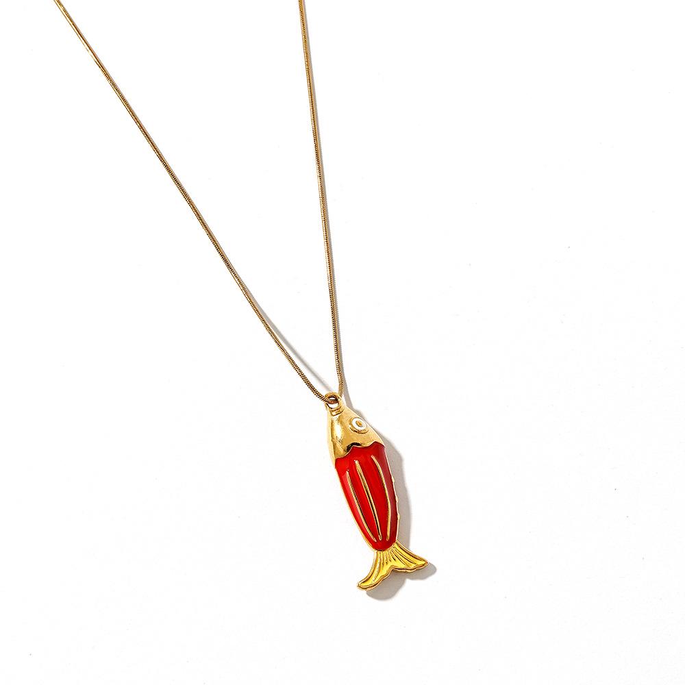 Waterproof Red Enamel Fish Pendant Necklace in Stainless and Titanium Steel with 18K Gold Plating