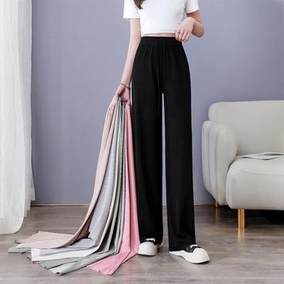 Women Casual Pants Elastic Waist Adjustable Drawstring Solid Color Long Trousers Ice Silk Wide