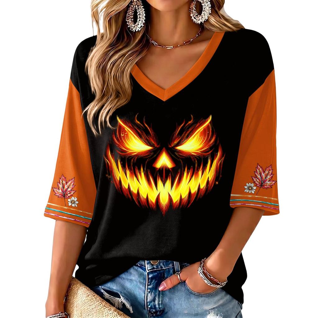 Women's V-Neck Halloween Print Three-Quarter Sleeve Casual Blouse for Fall