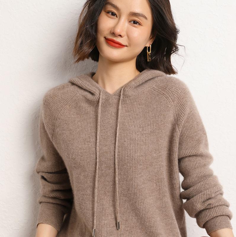 Women's Thick Wool Cashmere Knit Hoodie, Autumn/Winter Loose Sweater Coat.