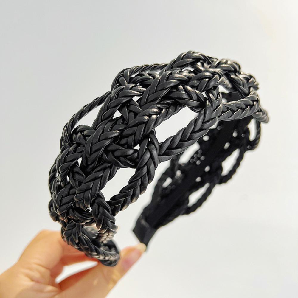 Headwear PU Leather Weave Hairband Wide Side Weave Style Hair Hoop Creative Braid Headband Women
