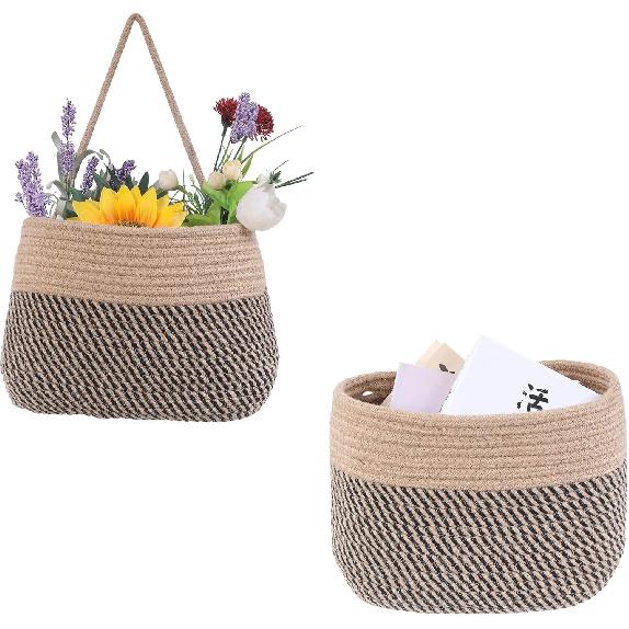 Over The Door Hanging Basket, 2 Tier Cotton Rope Woven Wall Basket, Magazine Racks Hanging Organizer, Decorative Hanging Storage Baskets for