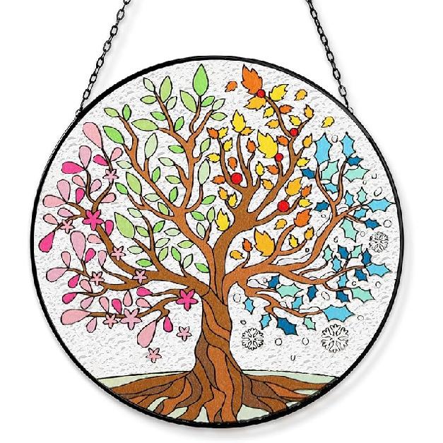 Tuitessine Tree of Life Stained Glass Suncatcher Four Season Theme Colorful Leaves Window Wall Hanging Ornament Hand-Painted Glass Panel Decor Gift